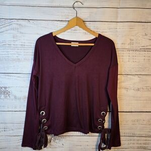 Glitz Longsleeve Blouse Top With Ties On The Side Maroon Womens Size Large
